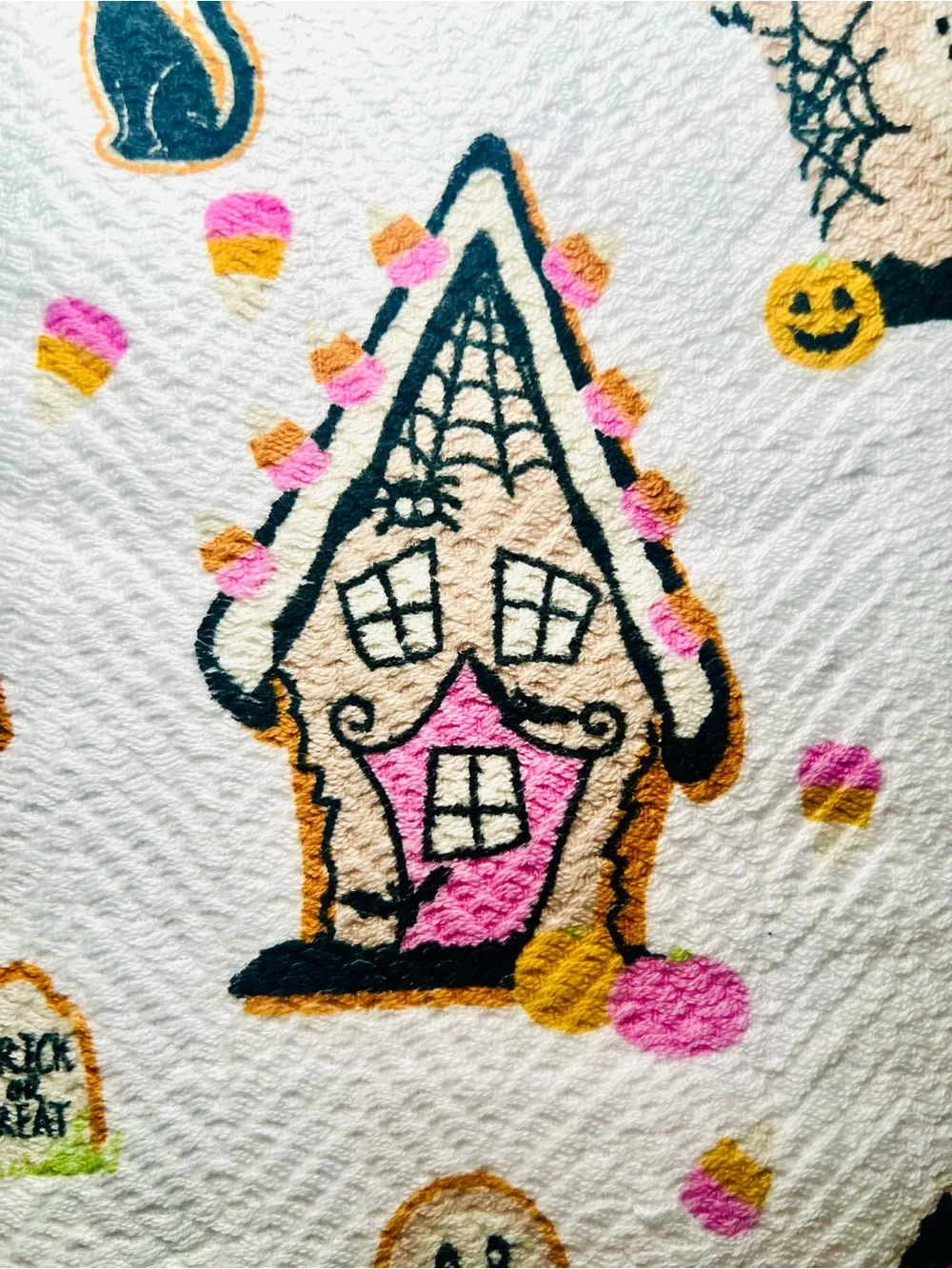 3 Halloween Gingerbread Cottage House Kitchen Towels Ghost Bat Cookies Candy